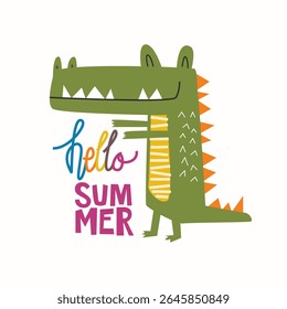 Crocodilo de desenho animado bonito com olá verão. Ilustração vetorial de estilo infantil e lúdico para têxteis, decoração de quarto infantil, fundo de jardim de infância, capa de livro, vestuário, caneca, impressão e outros