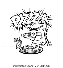 Cute cartoon crocodile holding a slice of pizza while sitting at a table, with the caption PIZZA on top of it. Vector contour sketch of character with text in line art style