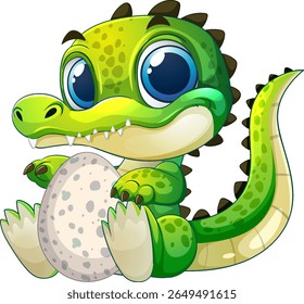 Crocodilo bonito de desenho animado segurando um ovo manchado