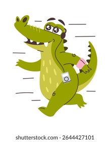 Cute cartoon crocodile listening music