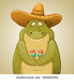 cute cartoon crocodile with mexican sombrero and maracas. children's illustration. cartoon character alligator. vector illustration