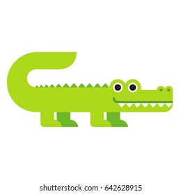 Cute cartoon crocodile in modern geometric flat vector style. Simple and adorable smiling alligator illustration.