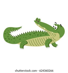 Cute cartoon crocodile in natural position isolated on white background. Funny big reptile vector illustration. Drawn friendly croc with eyebrows. Cartoon aquatic character in flat style design