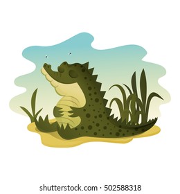 Cute cartoon crocodile on the sand