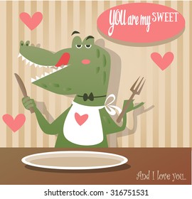 cute cartoon crocodile on the table - card for the valentines day