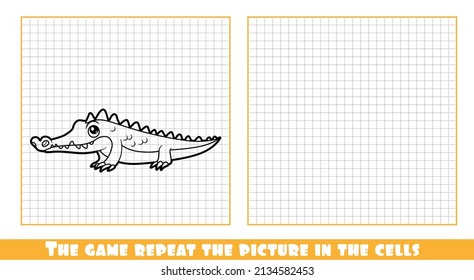Cute cartoon crocodile outlined the game repeat the picture in the cells