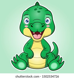 A cute cartoon of crocodile or porosus sitting with green background.