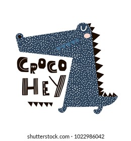 Cute cartoon crocodile print. Childish print for nursery, kids apparel,poster, postcard. Vector Illustration