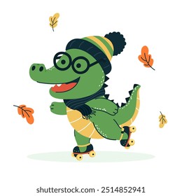 Cute cartoon crocodile roller skating in autumn.