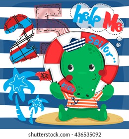 Cute cartoon crocodile in sailor costume smiling holding flag with his head through a life ring. on navy blue and white striped background illustration vector.
