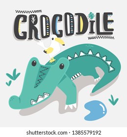 Cute cartoon crocodile and seagull bird on isolated background illustration vector.