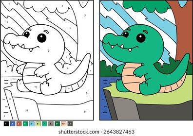 Cute Cartoon Crocodile Sitting by the River Illustration with Color by Number Outline and Finished Colored Image for Children's Educational Activities, Smiling Alligator Character