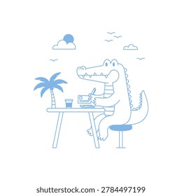 Cute cartoon crocodile sitting at a table outdoors writing a postcard under a palm tree. Minimalist blue line art illustration of an alligator on vacation.