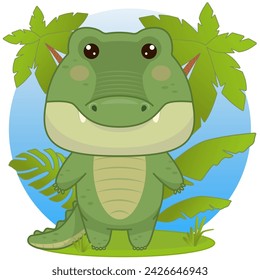 Cute cartoon crocodile stands in the leaves. Crocodile in kawaii style. Kawaii crocodile. Vector illustration of drawings, prints and patterns. Children s illustration. Isolated on white background.