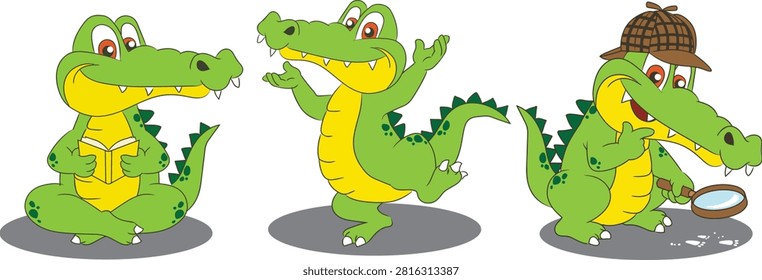 Cute cartoon crocodile in three fun poses: sitting and reading a book, dancing happily, and wearing detective hat with magnifying glass. Green crocodile with yellow belly and big smile. Perfect for children's books, educational materials, stickers, and animal-themed projects.