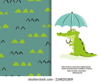 Cute cartoon crocodile with umbrella. Vector illustration. Alligator animal print for kids