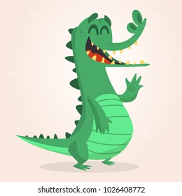 Cute cartoon crocodile. Vector  illustration of a green crocodile waving ahands. Isolated on white