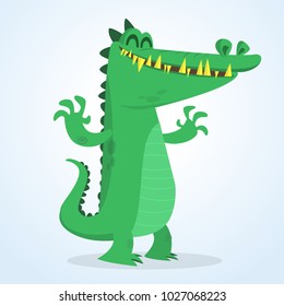 Cute cartoon crocodile. Vector  illustration of a green crocodile waving ahands. Isolated on white