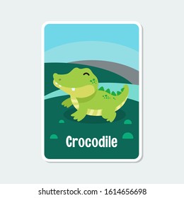 Cute cartoon crocodile vector illustration with background, simple flat design template.