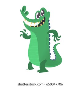 Cute cartoon crocodile. Vector illustration of alligator waving hand isolated on white background. Design for t-shirt, mug, bag lunchbox, wallpaper, wrapper, logo, poster and banner design for kids