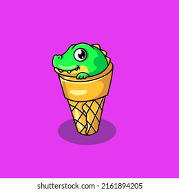 Cute cartoon crocodile in waffle cone vector illustration