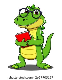 A cute cartoon crocodile wearing glasses and holding a book