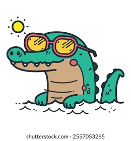 Cute cartoon crocodile wearing sunglasses in a trendy flat color style. Vector illustration, isolated for easy use in kid's designs, playful projects, and water-themed creations.