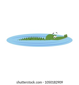 Cute cartoon crocodiles in natural position swimming in lake isolated on white background. Big reptile vector illustration. Drawn friendly croc with eyebrows having bath. Funny character in flat style