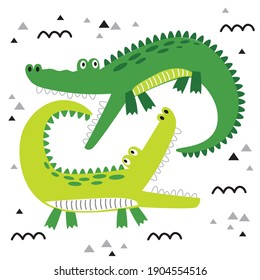 Cute cartoon crocodiles, wildlife with cute reptile on white background