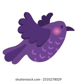 Cute cartoon crow highlighted on a white background. A painted thick purple crow flies in the sky. Vector illustration for Halloween