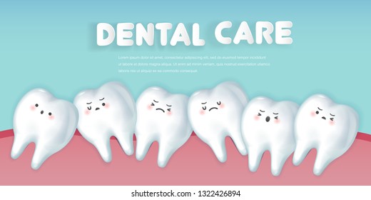 cute cartoon crowding tooth concept on green background