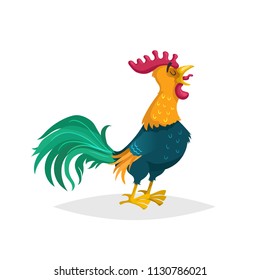 Cute cartoon crowing rooster. Farm animal. Good for education and kids design. Vector bird illustration isolated on white background.