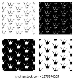 Cute cartoon crown background set with hand drawn crowns. Sweet vector black and white crown background set. Seamless monochrome doodle crown background set for textile, wallpapers and wrapping paper.