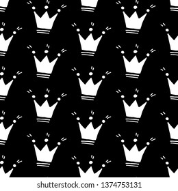 Cute cartoon crown pattern with hand drawn crowns. Sweet vector black and white crown pattern. Seamless monochrome doodle crown pattern for textile, wallpapers, wrapping paper, cards and web.