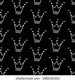 Cute cartoon crown print with hand drawn crowns. Sweet vector black and white crown print. Seamless monochrome doodle crown print for textile, wallpapers, wrapping paper, cards and web.