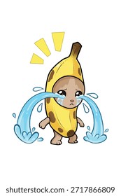 Personaje lindo del gato que llora de la historieta que lleva un traje de plátano. Adorable gatito en cáscara de plátano amarillo derramando Grandes lágrimas. Ilustración vectorial aislada sobre fondo blanco.