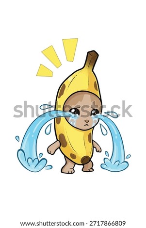 Cute cartoon crying cat character wearing a banana suit costume. Adorable kitten in yellow banana peel shedding large tears. Vector illustration isolated on white background.