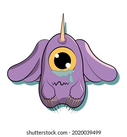 Cute cartoon crying monster. One eyed purple people eater with horn and wings. Children's isolated vector illustration on white background