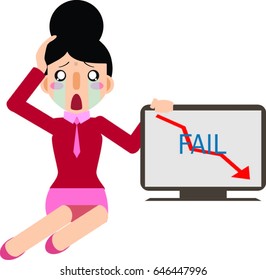 Cute Cartoon Of Crying Woman Working With Computer. Business Cartoon On White Background, Vector.