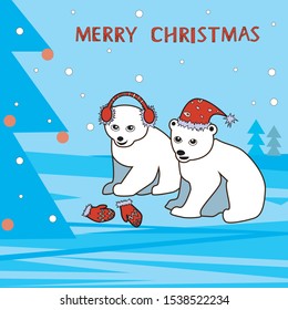 Cute cartoon cub bears are waiting for the New Year and Christmas. Polar bears in red clothes and tree with toys.