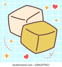Cute cartoon cubic tofu kawaii food with japan style anime manga illustration