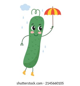 Cute cartoon cucumber on white background. Vector illustration.