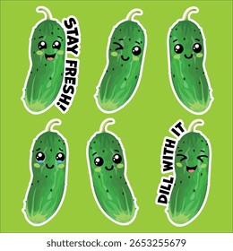 Adesivos bonitos de pepino de desenhos animados com rostos kawaii e frases de trocadilho como Stay Fresh! e Dill With It. Projeto vegetariano divertido para planejadores, scrapbooking, ou artesanato infantil.