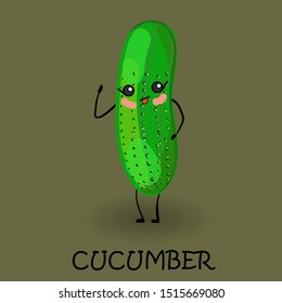 Cute cartoon cucumber. Tasty and healthy vegetables. Vegan character with eyes and a smile. Dark background