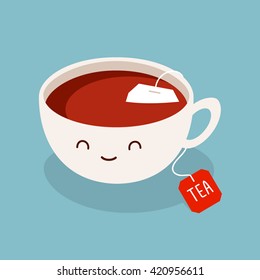 Cute Cartoon Cup Of Black Tea. Vector Illustration