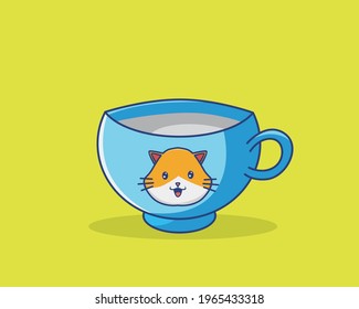 Cute Cartoon Cup Cat Glass. Animal Cartoon Flat Style Icon illustration Premium Vector