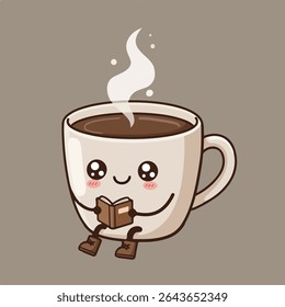 Cute cartoon cup of coffee reading a book and smiling on a brown background.