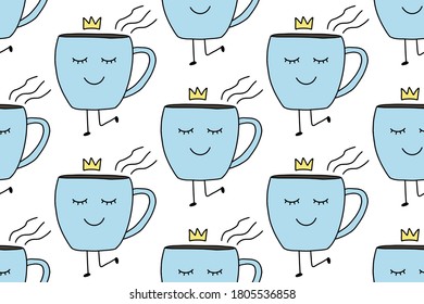 Cute cartoon Cup of coffee seamless pattern . Funny doodle cup character isolated on white background. Morning and breakfast concept. Vector illustration for your fabric, textile design, wrapping pape