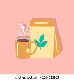 Cute cartoon cup of green tea. Vector illustration