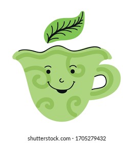 Cute cartoon cup green tea. Vector illustration